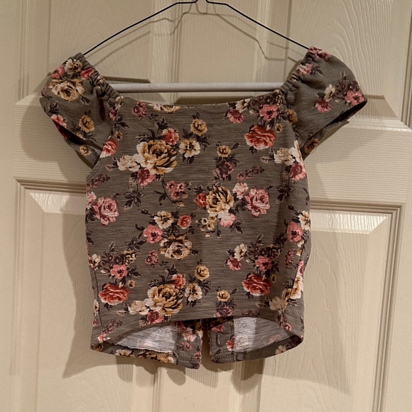 Rewind Gray Floral Off-Shoulder Crop Top with Pink & Yellow Flowers - Picture 3 of 3